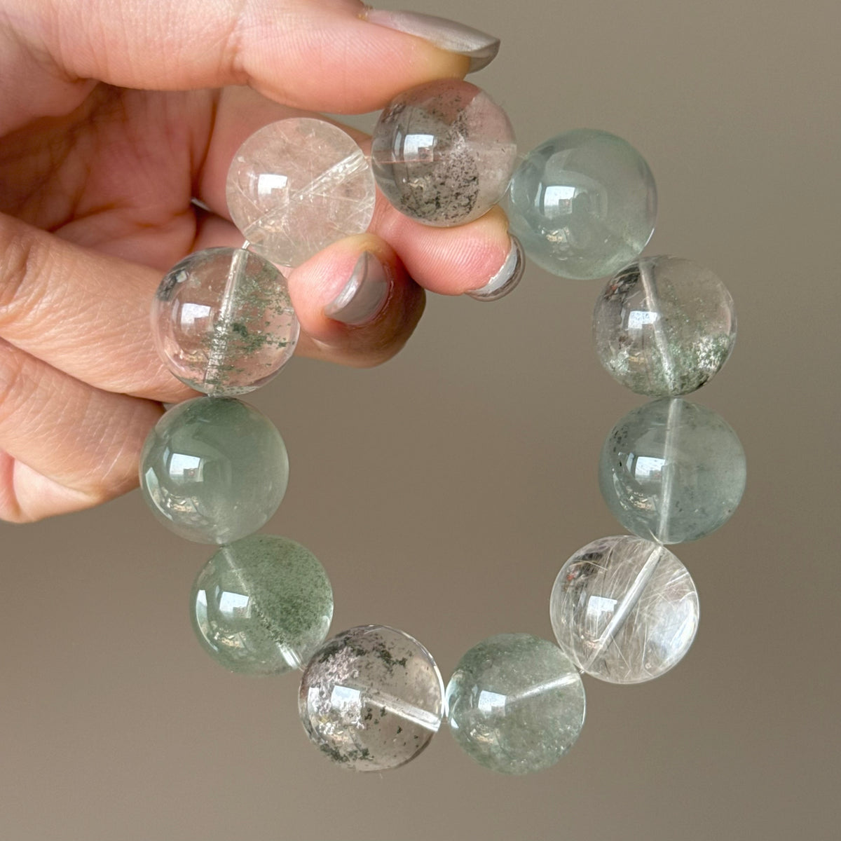 Phantom Quartz, Golden Rutilated Quartz & Rabbit Hair Quartz Crystal Bracelet — quiet warmth, One of a Kind