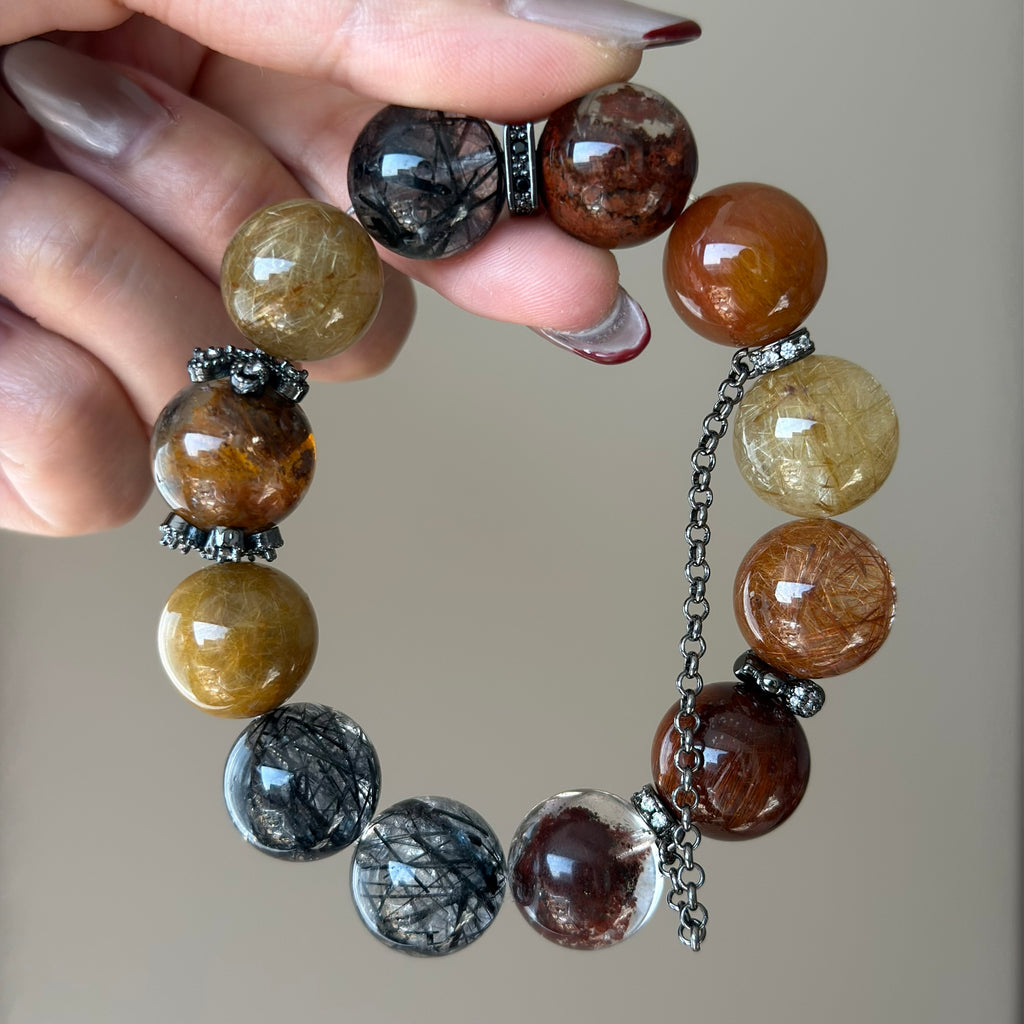 Black Rutilated Quartz, Copper Rutilated Quartz & Phantom Quartz Crystal Bracelet — quiet warmth, One of a Kind