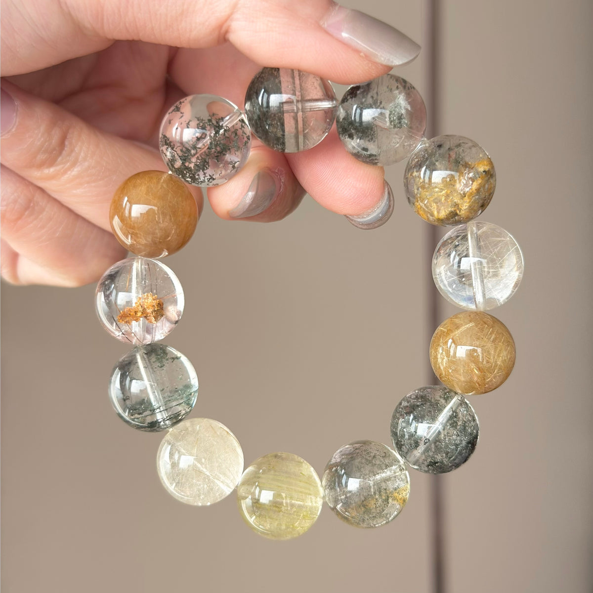 Golden Rutilated Quartz, Yellow Rabbit Hair Quartz & Phantom Quartz Crystal Bracelet — quiet warmth, One of a Kind