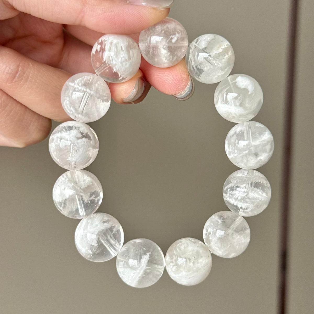 White Snowflake Phantom Quartz & Natural Jade Crystal Bracelet — quiet warmth, One of a Kind