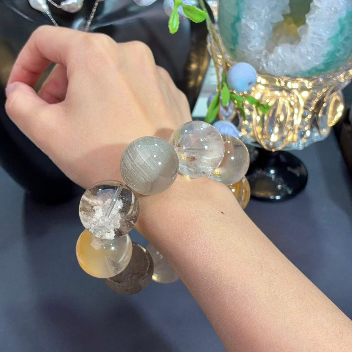 Yellow Rabbit Hair Quartz & Milk-Tea Grey Phantom Quartz Crystal Bracelet — quiet warmth, One of a Kind