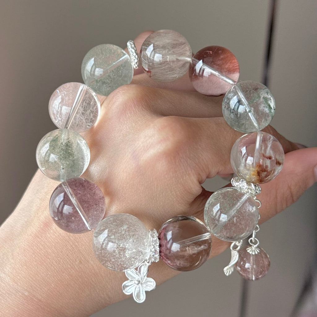 Rabbit Hair Quartz & Phantom Quartz Crystal Bracelet — quiet warmth, One of a Kind