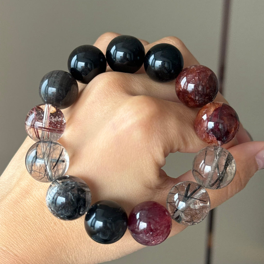 Red Flower Agate & Black Rutilated Quartz Crystal Bracelet — quiet warmth, One of a Kind