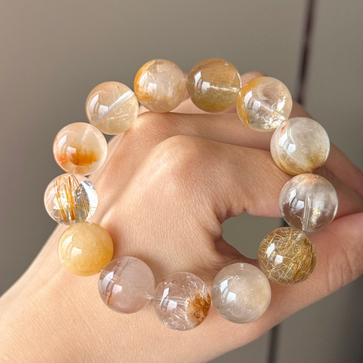 Yellow Rabbit Hair Quartz, Golden Rutilated Quartz & Phantom Quartz Crystal Bracelet — quiet warmth, One of a Kind