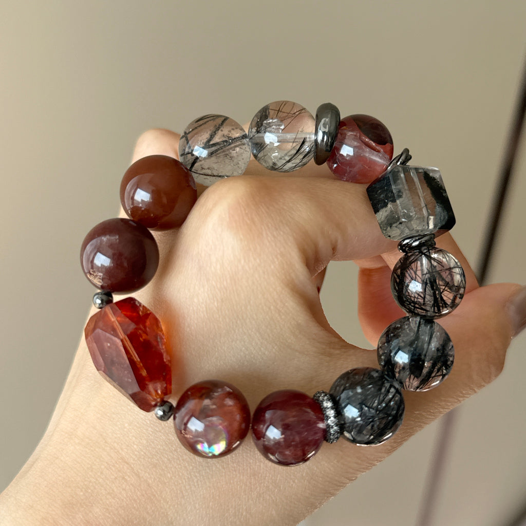 Rabbit Hair Quartz, Red Flower Agate & Black Rutilated Quartz Crystal Bracelet — quiet warmth, One of a Kind
