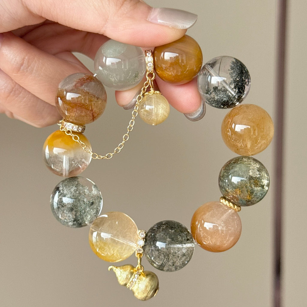 Phantom Quartz, Golden Rutilated Quartz & Yellow Rabbit Hair Quartz Crystal Bracelet — quiet warmth, One of a Kind
