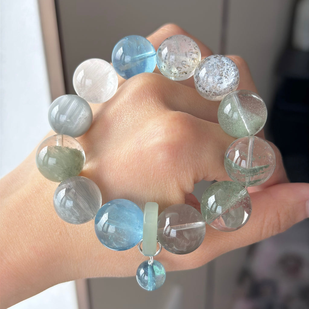 Tree Flower Agate & Phantom Quartz Crystal Bracelet — quiet warmth, One of a Kind