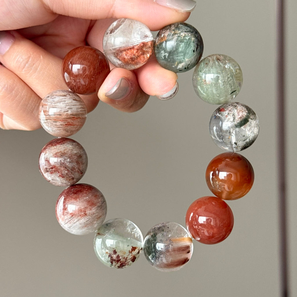 Rabbit Hair Quartz, Phantom Quartz & Jade Crystal Bracelet — quiet warmth, One of a Kind