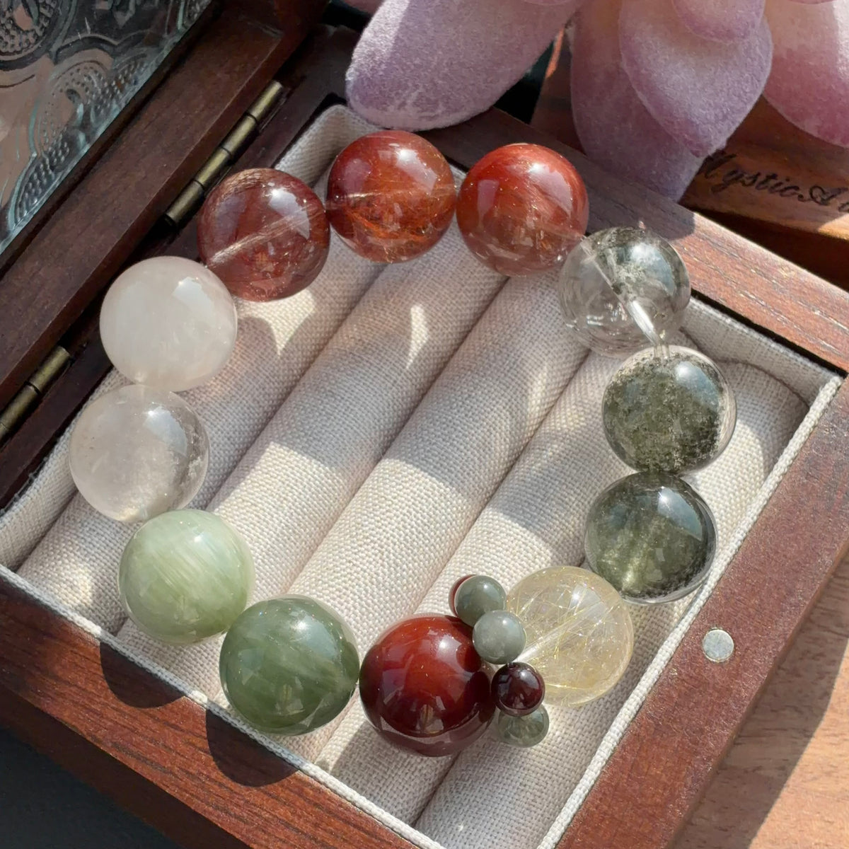 Rabbit Hair Quartz, Phantom Quartz & Tree Flower Agate Crystal Bracelet — quiet warmth, One of a Kind