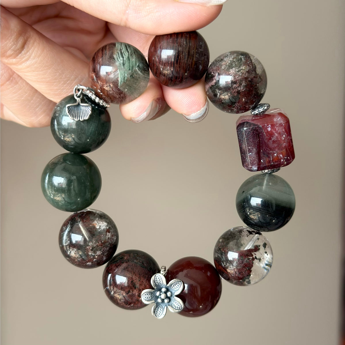 Phantom Quartz & Rabbit Hair Quartz Crystal Bracelet — quiet warmth, One of a Kind