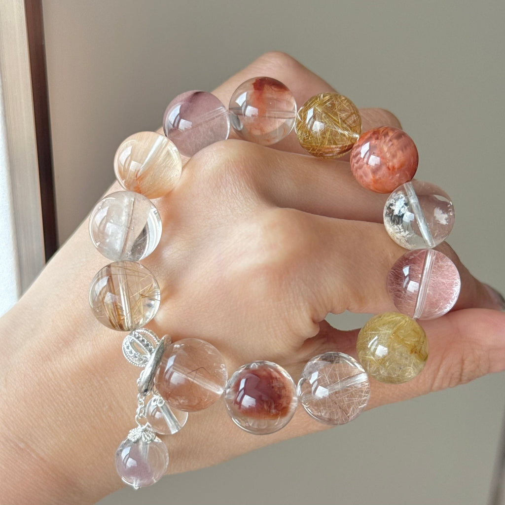 Rabbit Hair Quartz & Golden Rutilated Quartz Crystal Bracelet — soft radiance, One of a Kind