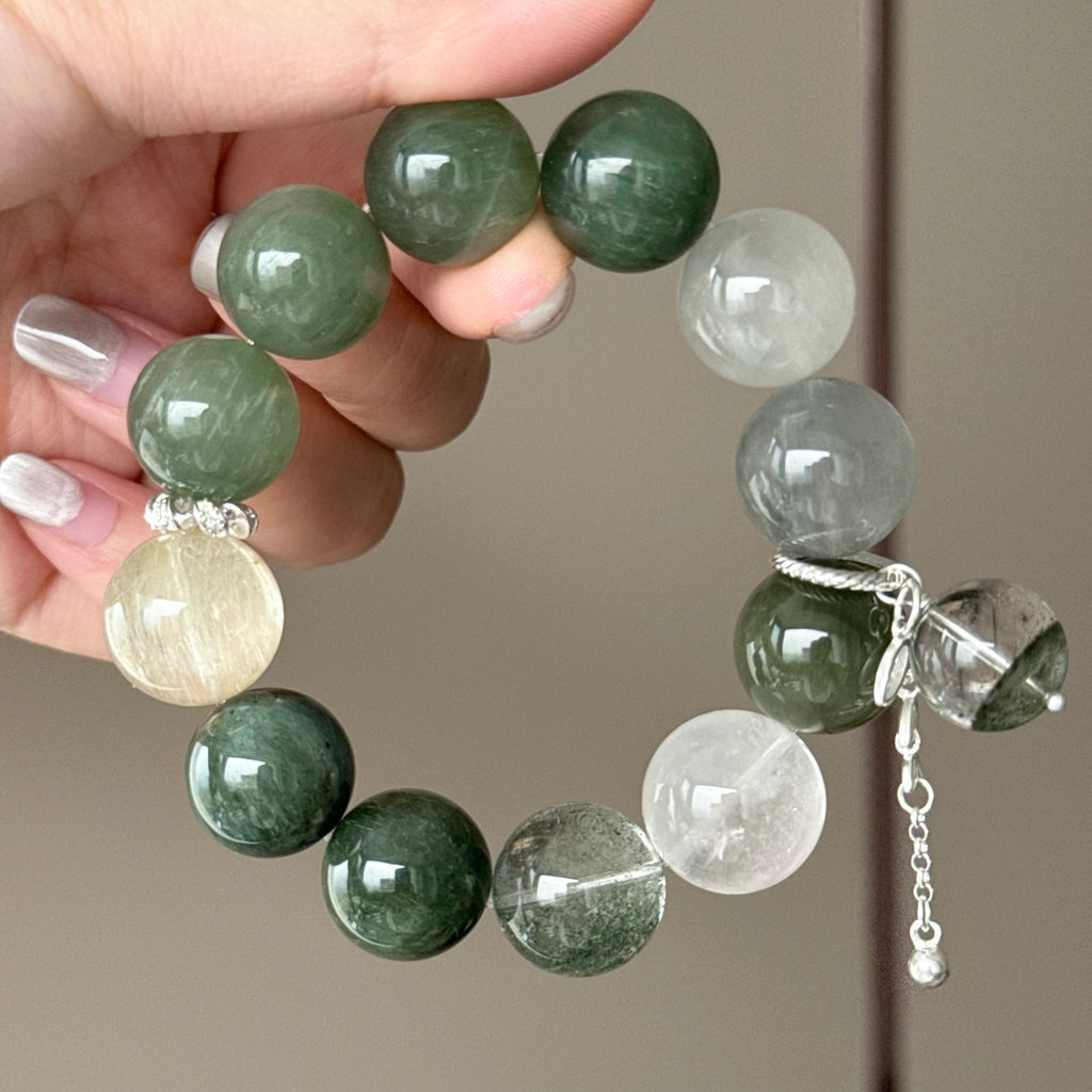 Rabbit Hair Quartz, Golden Rutilated Quartz & Phantom Quartz Crystal Bracelet — quiet warmth, One of a Kind