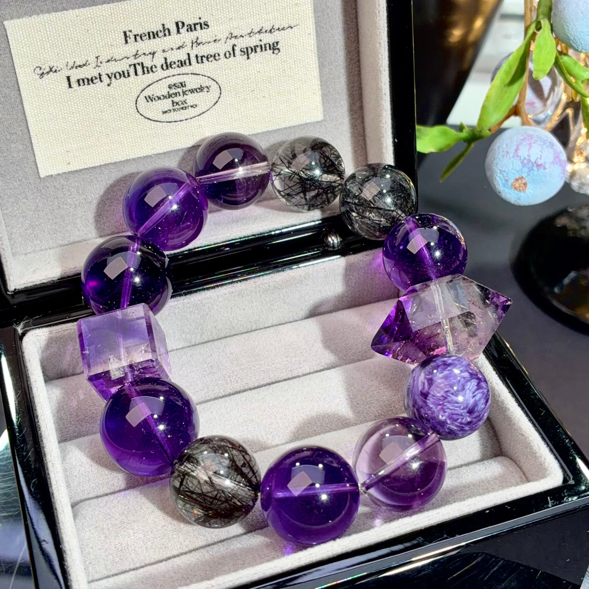 Super Seven, Brazilian Amethyst & Black Rutilated Quartz Crystal Bracelet — gentle glow, One of a Kind