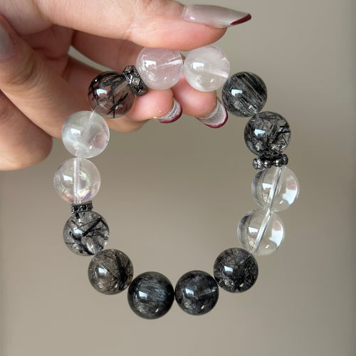Black Rutilated Quartz & Rabbit Hair Quartz Crystal Bracelet — natural character, One of a Kind