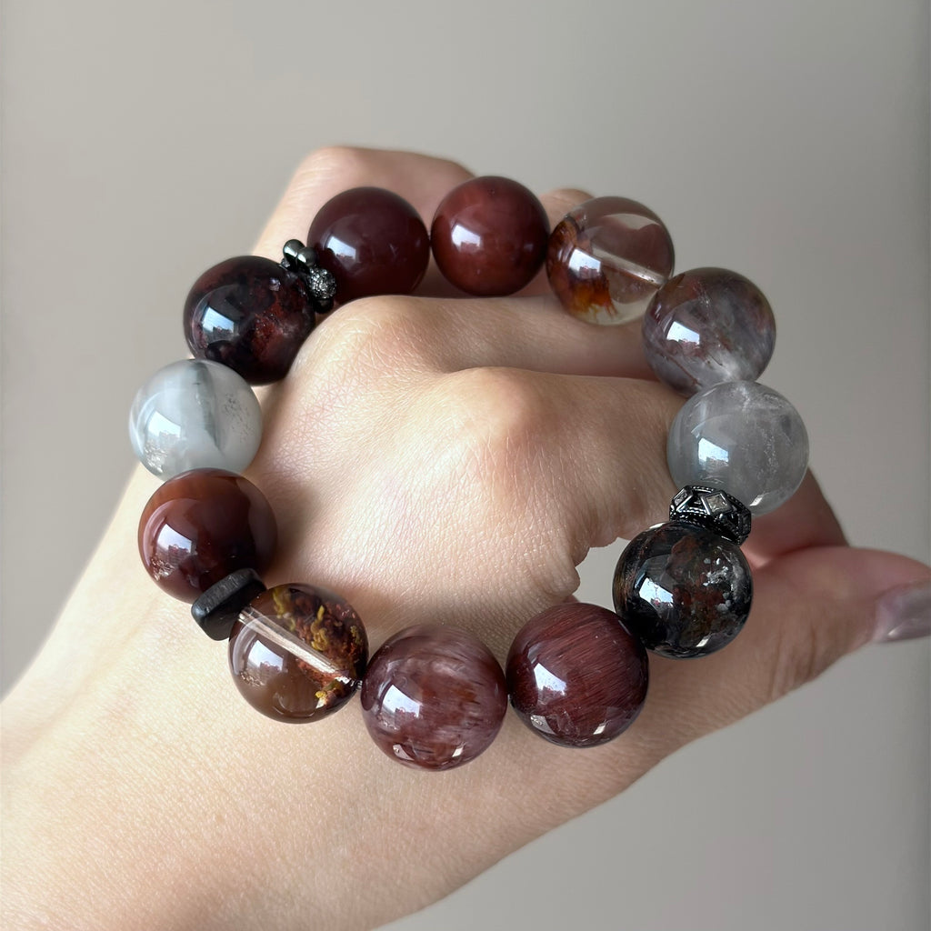 Rabbit Hair Quartz & Phantom Quartz Crystal Bracelet — quiet warmth, One of a Kind