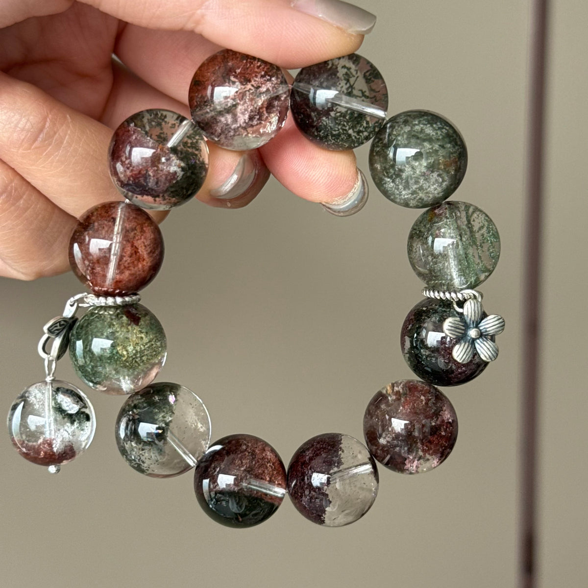 Monet Phantom Quartz, Phantom Quartz & Natural Jade Crystal Bracelet — quiet warmth, One of a Kind
