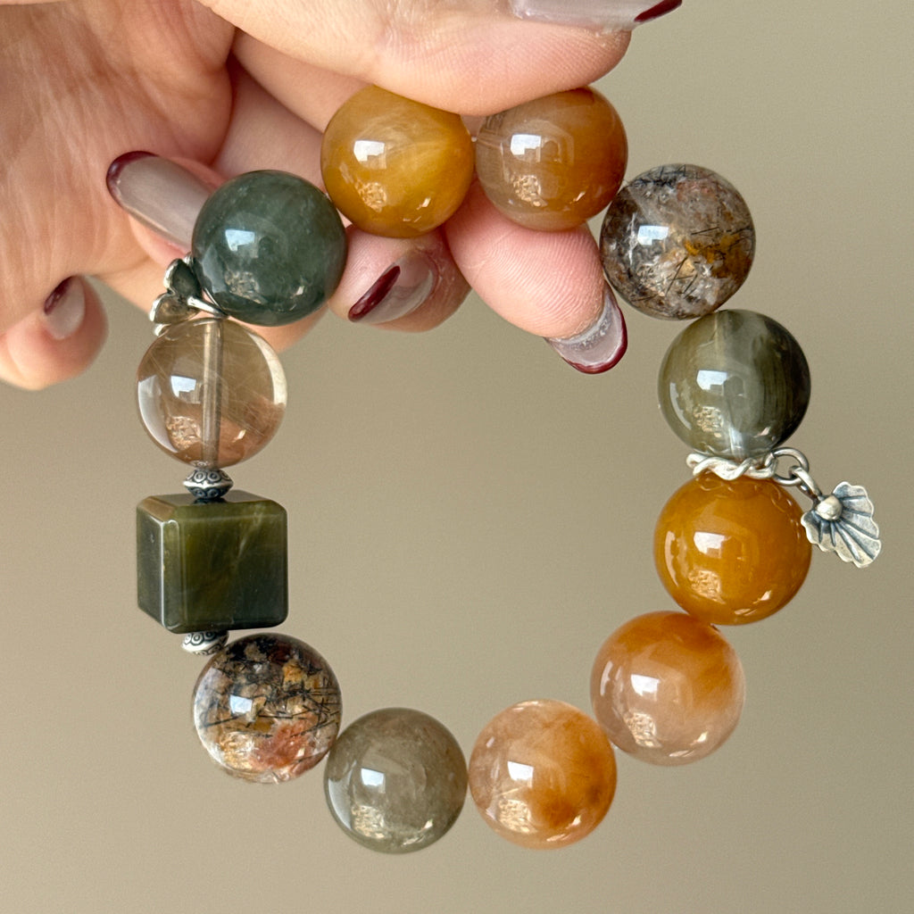 Rabbit Hair Quartz & Phantom Quartz Crystal Bracelet — quiet warmth, One of a Kind