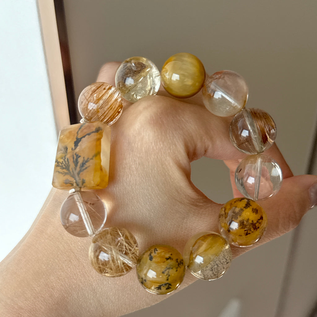 Tree Flower Agate, Golden Rutilated Quartz & Rabbit Hair Quartz Crystal Bracelet — soft radiance, One of a Kind