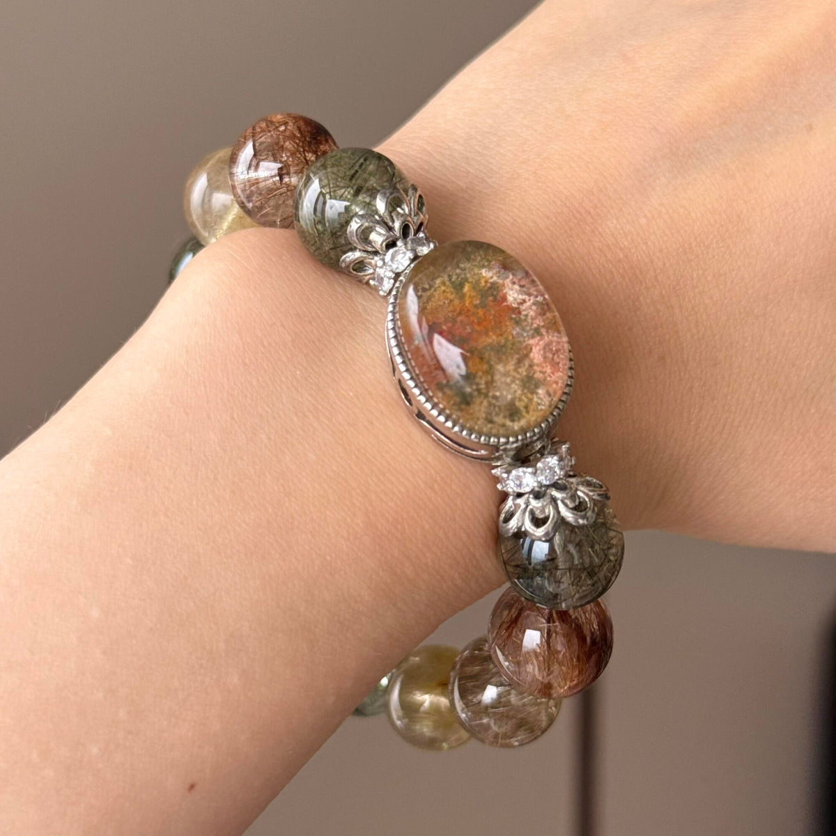 Multicolor Rabbit Hair Quartz & Monet Phantom Quartz Crystal Bracelet — quiet warmth, One of a Kind