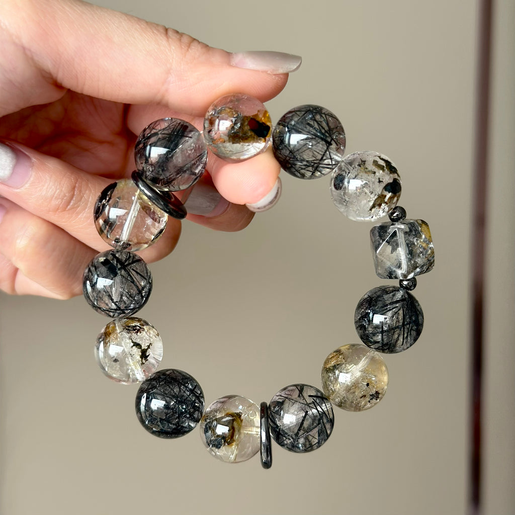 Black-Gold Auralite & Black Rutilated Quartz Crystal Bracelet — natural character, One of a Kind