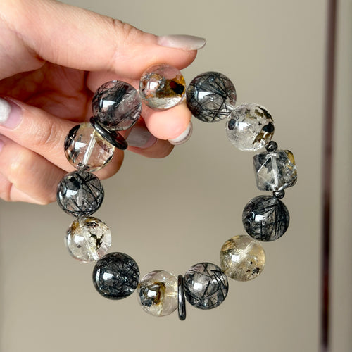 Black-Gold Auralite & Black Rutilated Quartz Crystal Bracelet — natural character, One of a Kind