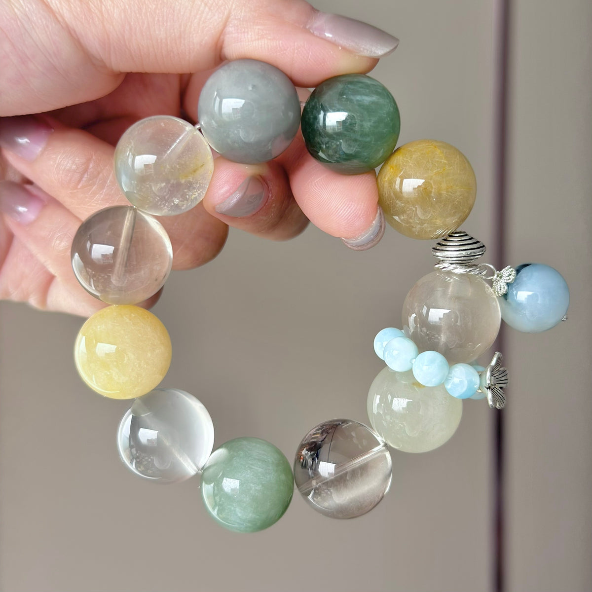 Multicolor Rabbit Hair Quartz & Yellow Rabbit Hair Quartz Crystal Bracelet — soft radiance, One of a Kind