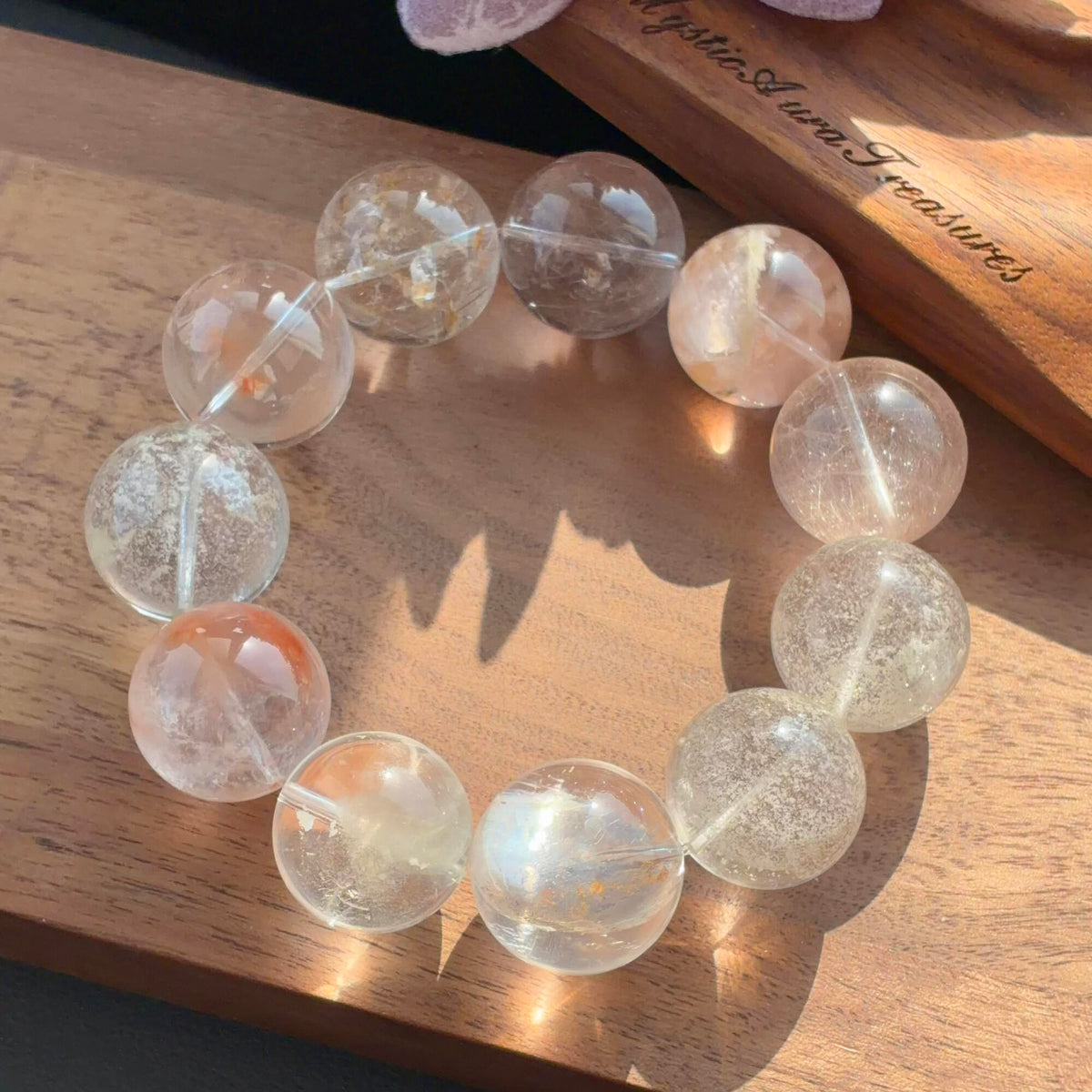 White Snowflake Phantom Quartz, Pink Phantom Quartz & Rabbit Hair Quartz Crystal Bracelet — quiet warmth, One of a Kind