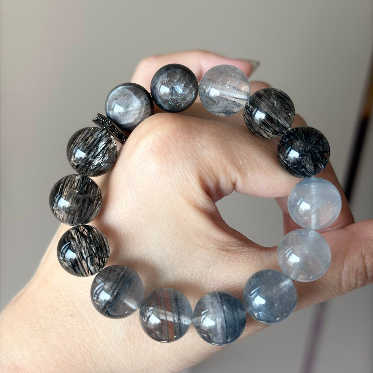 Rabbit Hair Quartz & Black Rutilated Quartz Crystal Bracelet — natural character, One of a Kind