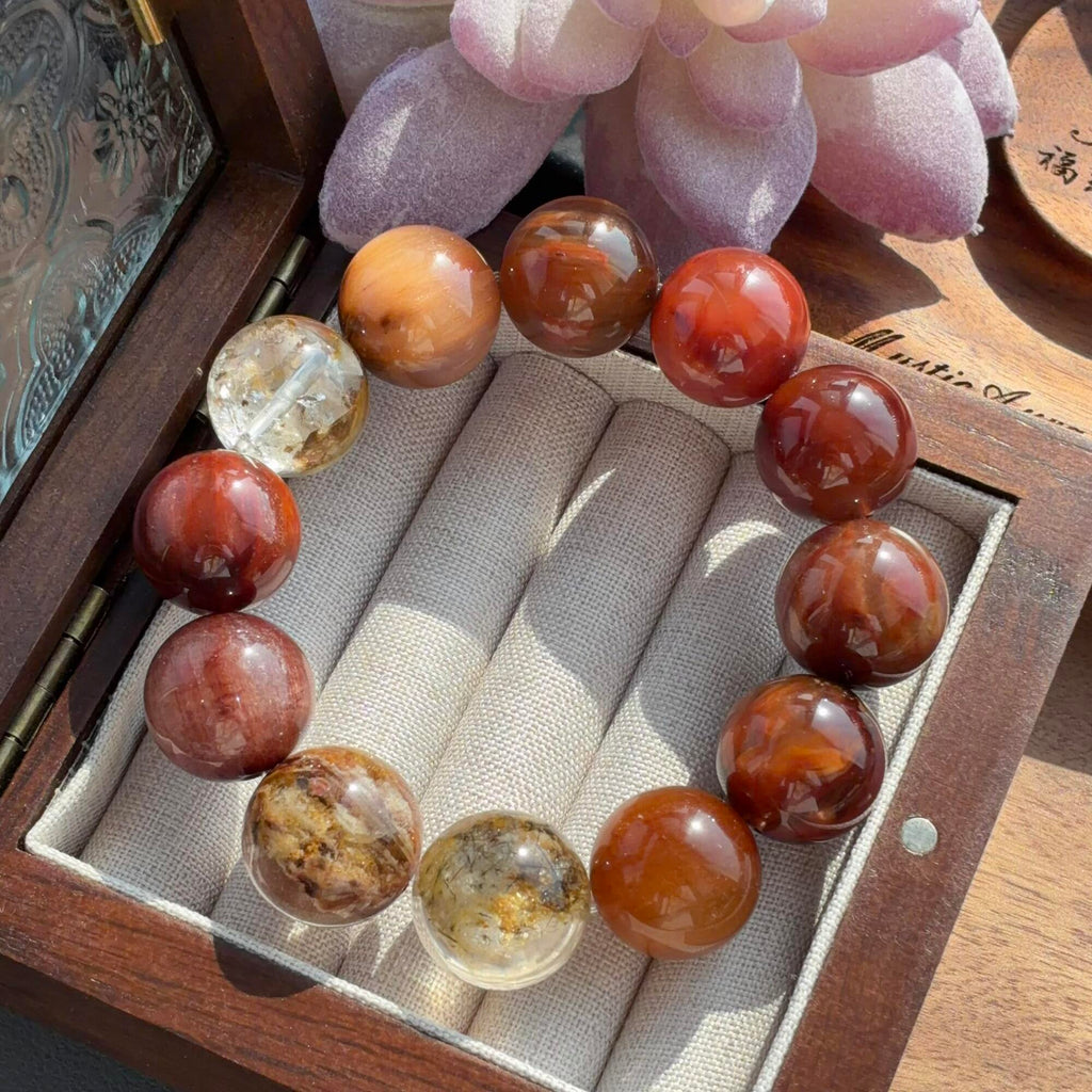 Rabbit Hair Quartz & Phantom Quartz Crystal Bracelet — quiet warmth, One of a Kind