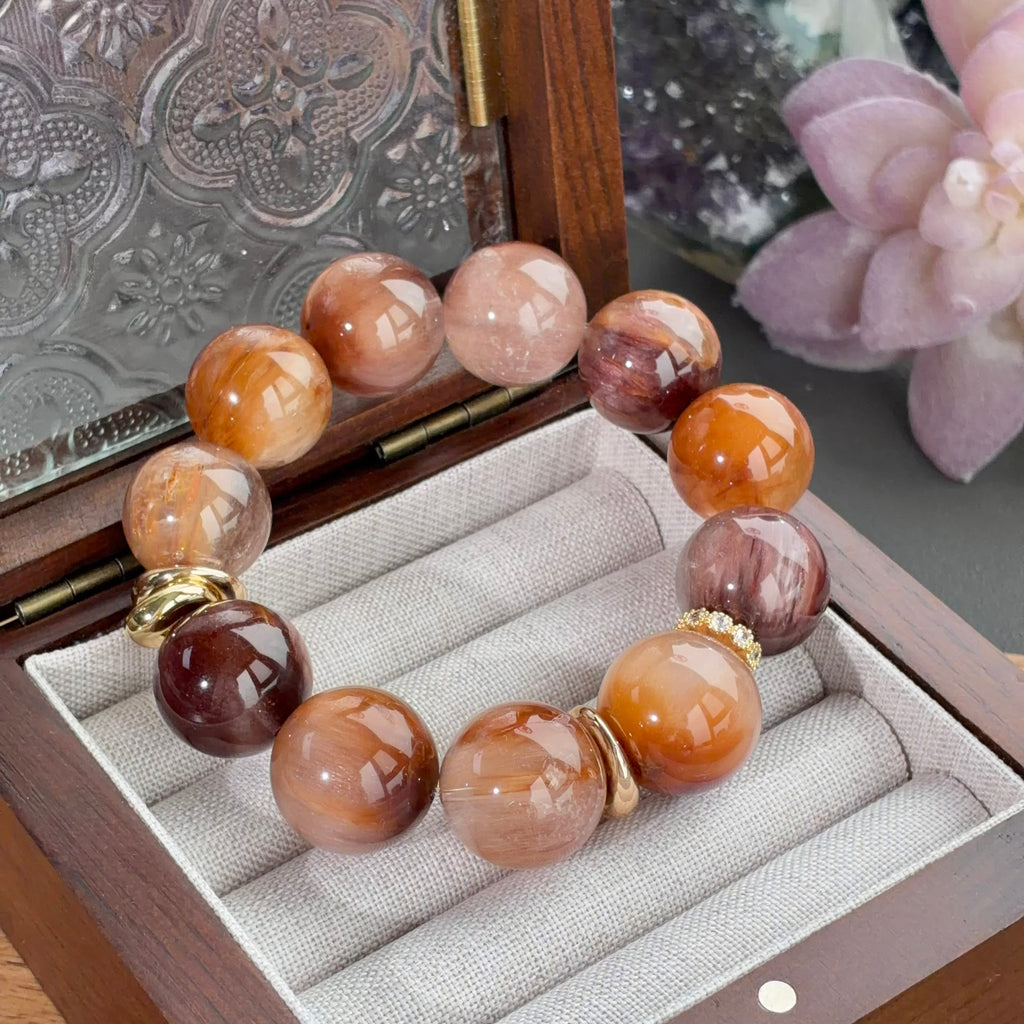 Iridescent Rabbit Hair Quartz & Yellow Rabbit Hair Quartz Crystal Bracelet — soft radiance, One of a Kind