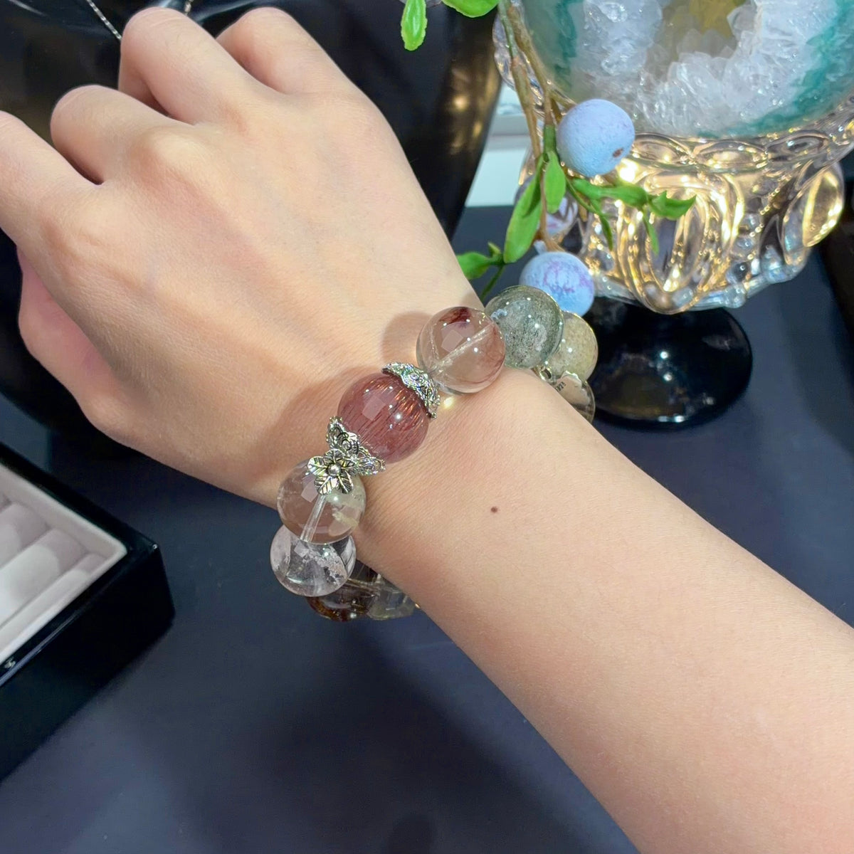 Rock-Candy Phantom Quartz & Multicolor Rabbit Hair Quartz Crystal Bracelet — quiet warmth, One of a Kind