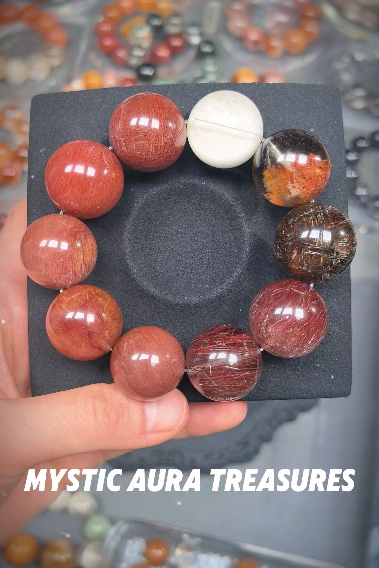 Natural Red Rabbit Hair Quartz, Copper Rutilated Quartz, and Phantom Quartz Bracelet, 20-22mm Beads