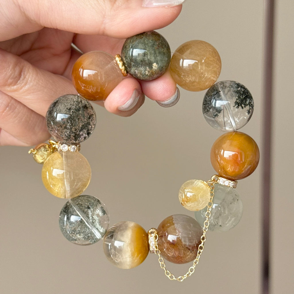 Phantom Quartz, Golden Rutilated Quartz & Yellow Rabbit Hair Quartz Crystal Bracelet — quiet warmth, One of a Kind