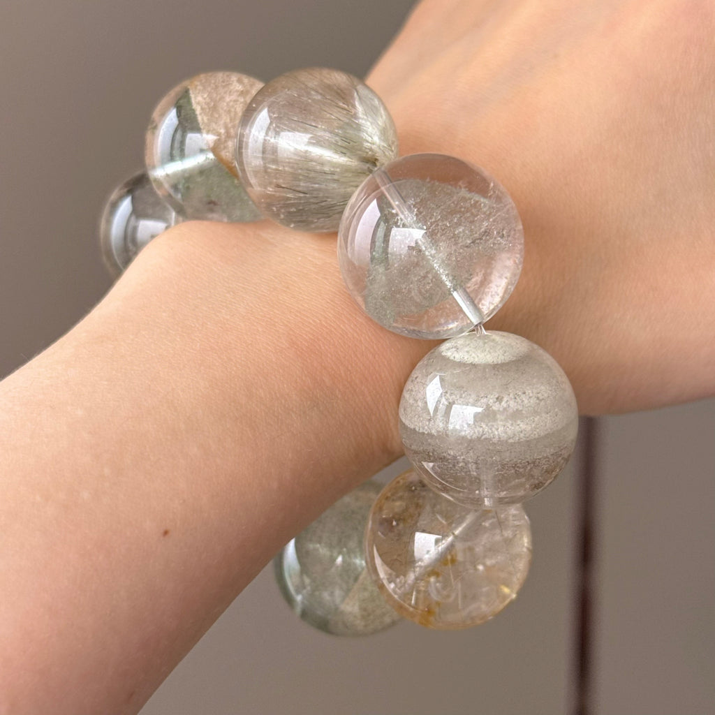 Phantom Quartz, Rutilated Quartz & Jade Crystal Bracelet — quiet warmth, One of a Kind