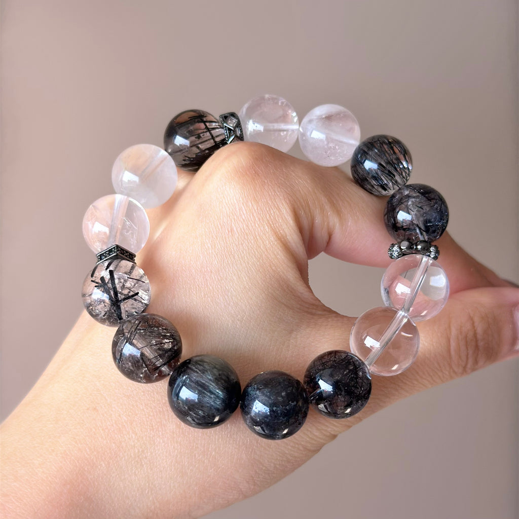 Black Rutilated Quartz & Rabbit Hair Quartz Crystal Bracelet — natural character, One of a Kind
