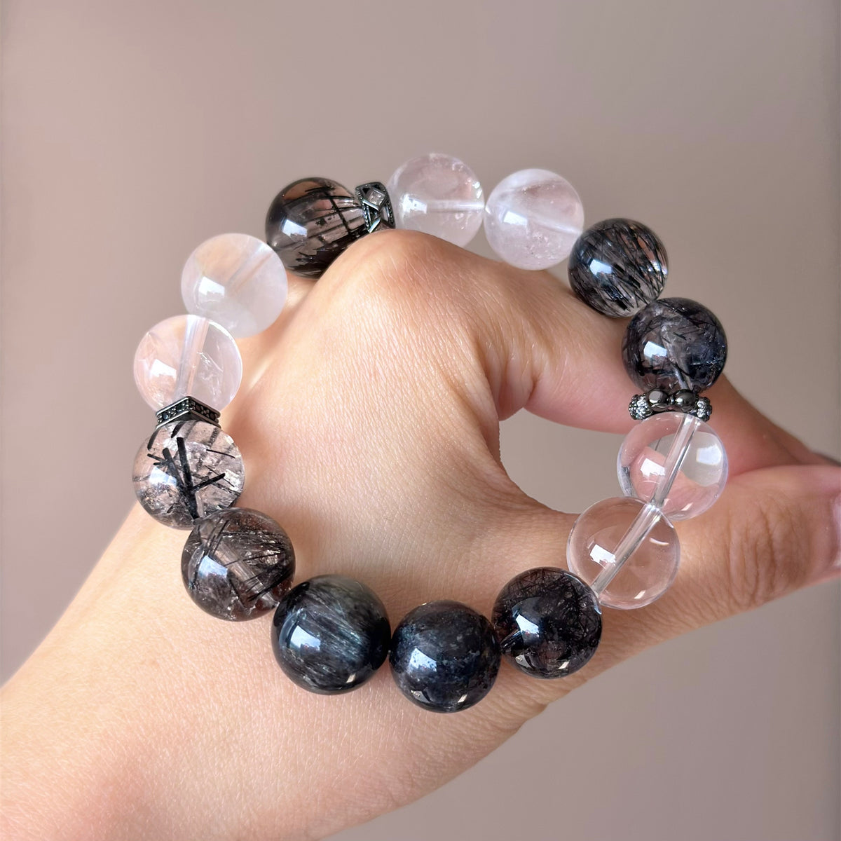 Black Rutilated Quartz & Rabbit Hair Quartz Crystal Bracelet — natural character, One of a Kind