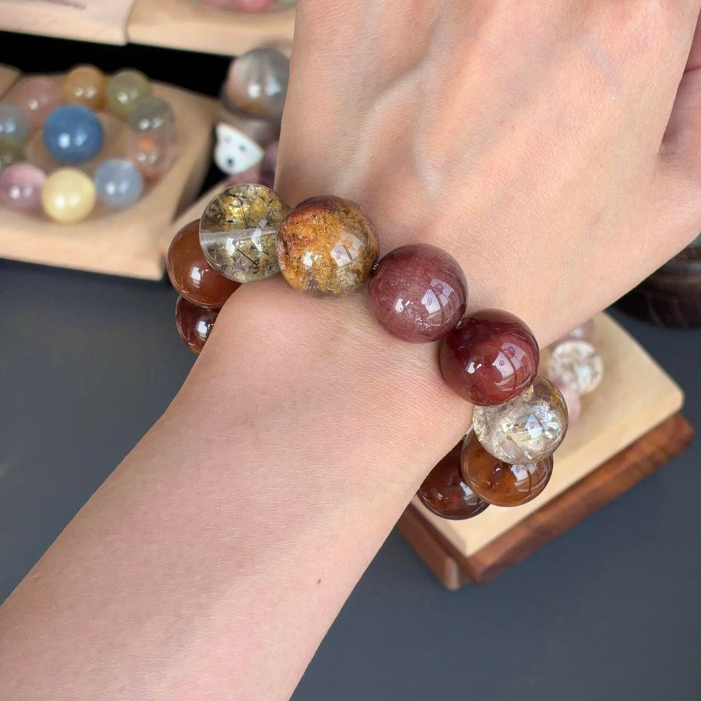 Rabbit Hair Quartz & Phantom Quartz Crystal Bracelet — quiet warmth, One of a Kind