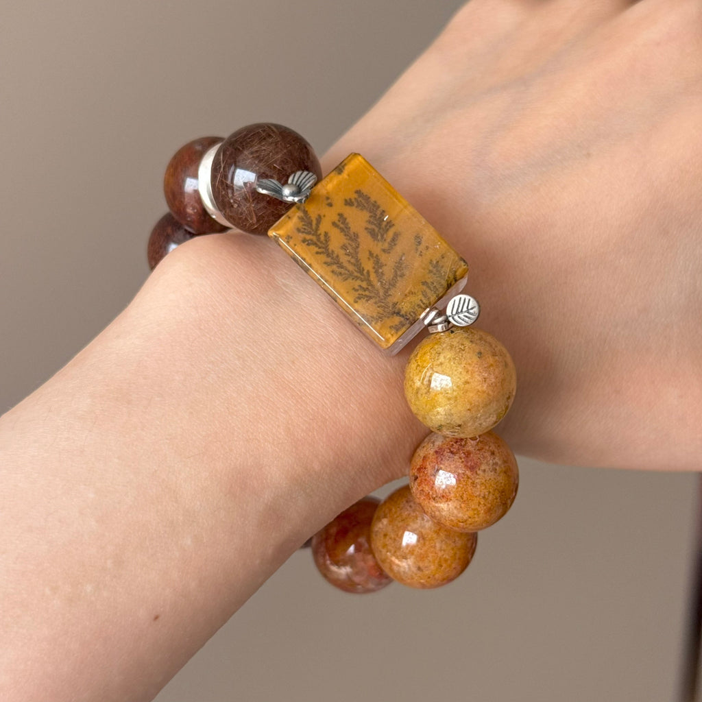 Yellow Rabbit Hair Quartz, Rabbit Hair Quartz & Tree Flower Agate Crystal Bracelet — soft radiance, One of a Kind