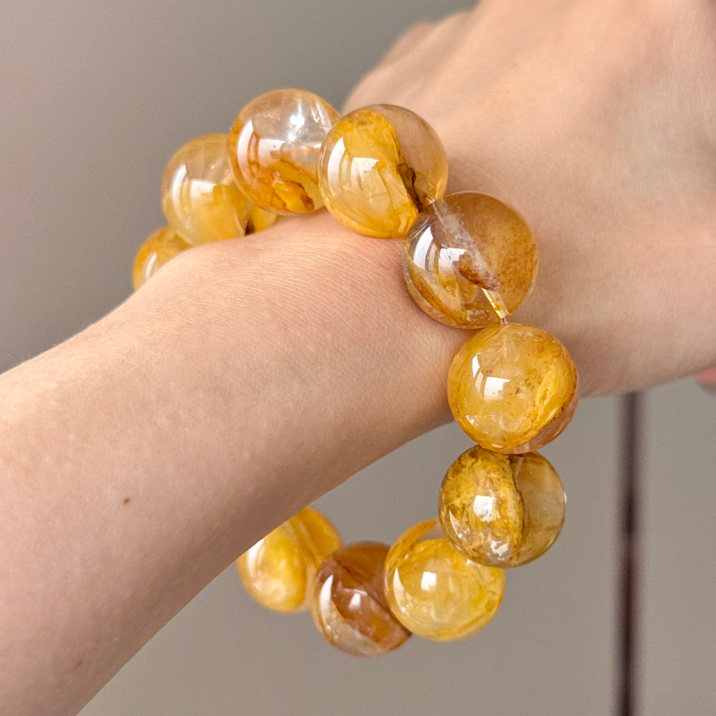 Yellow Flower Agate, Flower Agate & Natural Jade Crystal Bracelet — soft radiance, One of a Kind