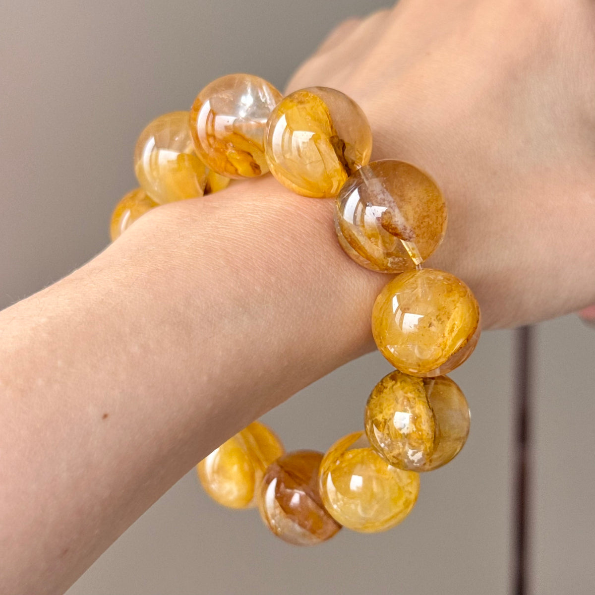 Yellow Flower Agate, Flower Agate & Natural Jade Crystal Bracelet — soft radiance, One of a Kind