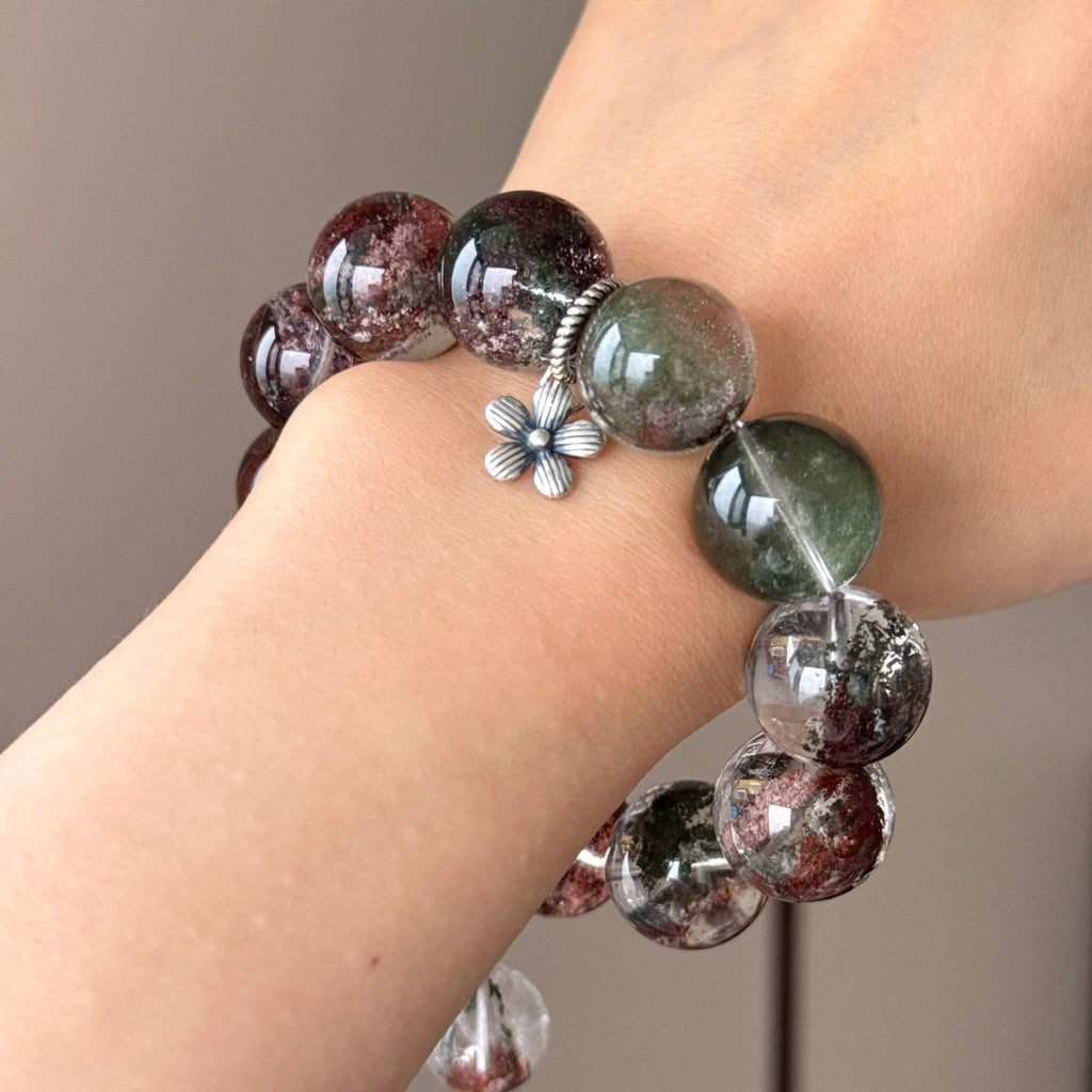 Monet Phantom Quartz, Phantom Quartz & Natural Jade Crystal Bracelet — quiet warmth, One of a Kind