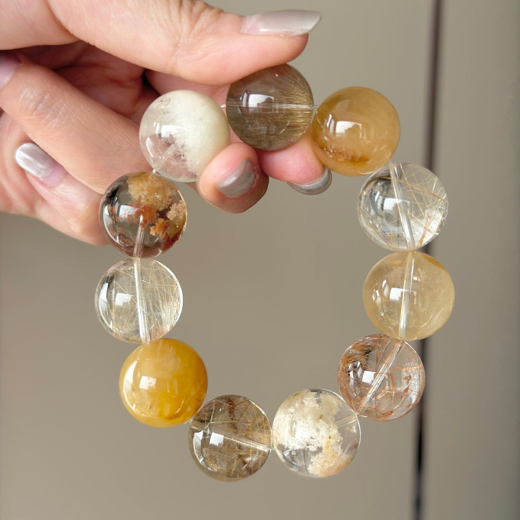 Golden Rutilated Quartz, Yellow Rabbit Hair Quartz & Phantom Quartz Crystal Bracelet — quiet warmth, One of a Kind