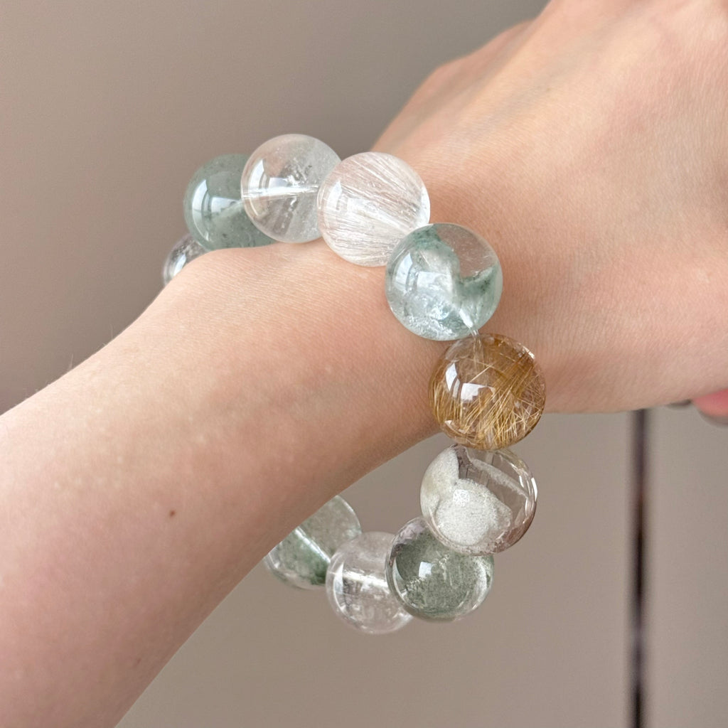 Phantom Quartz & Golden Rutilated Quartz Crystal Bracelet — quiet warmth, One of a Kind