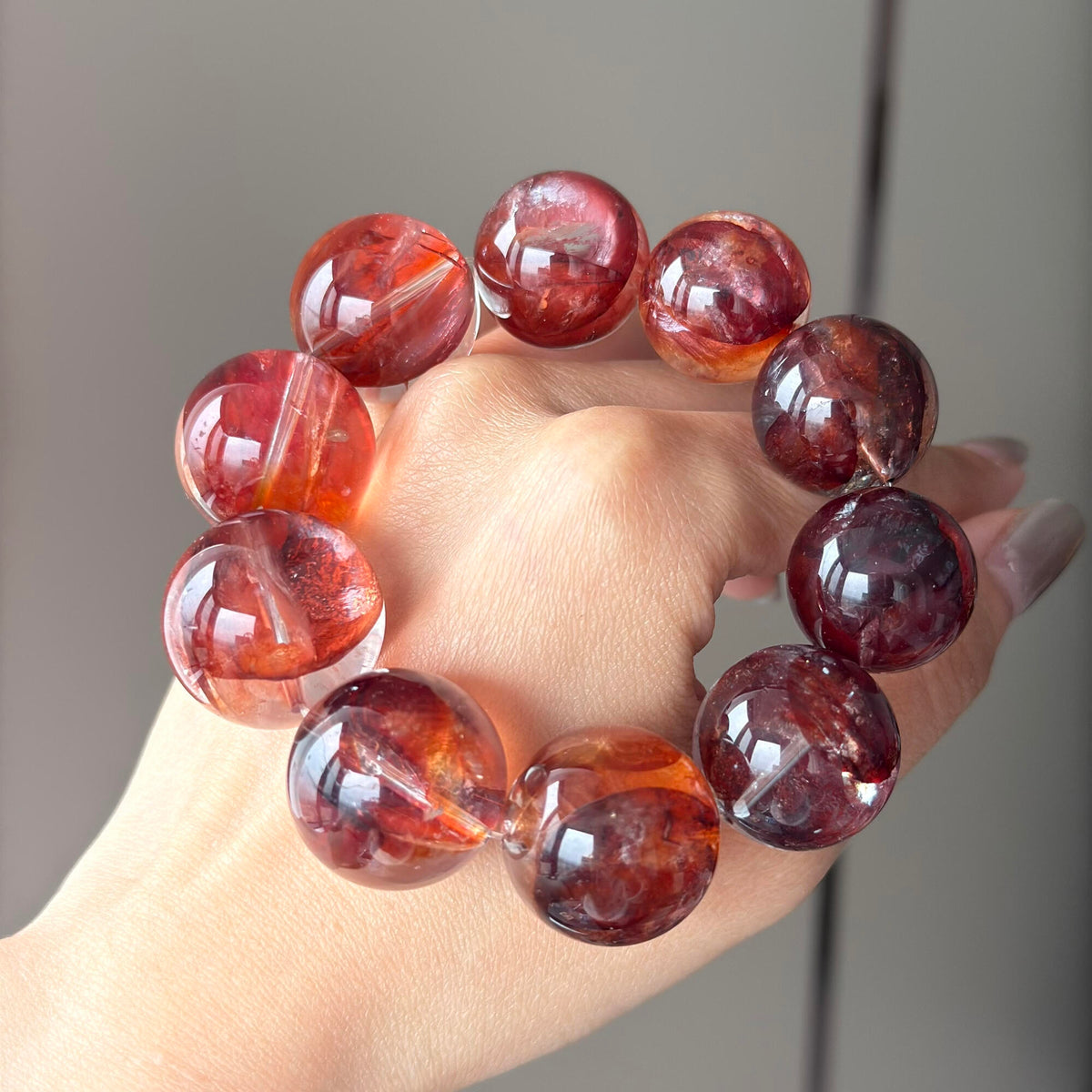 Imperial Red Flower Agate & Natural Jade Crystal Bracelet — quiet warmth, One of a Kind