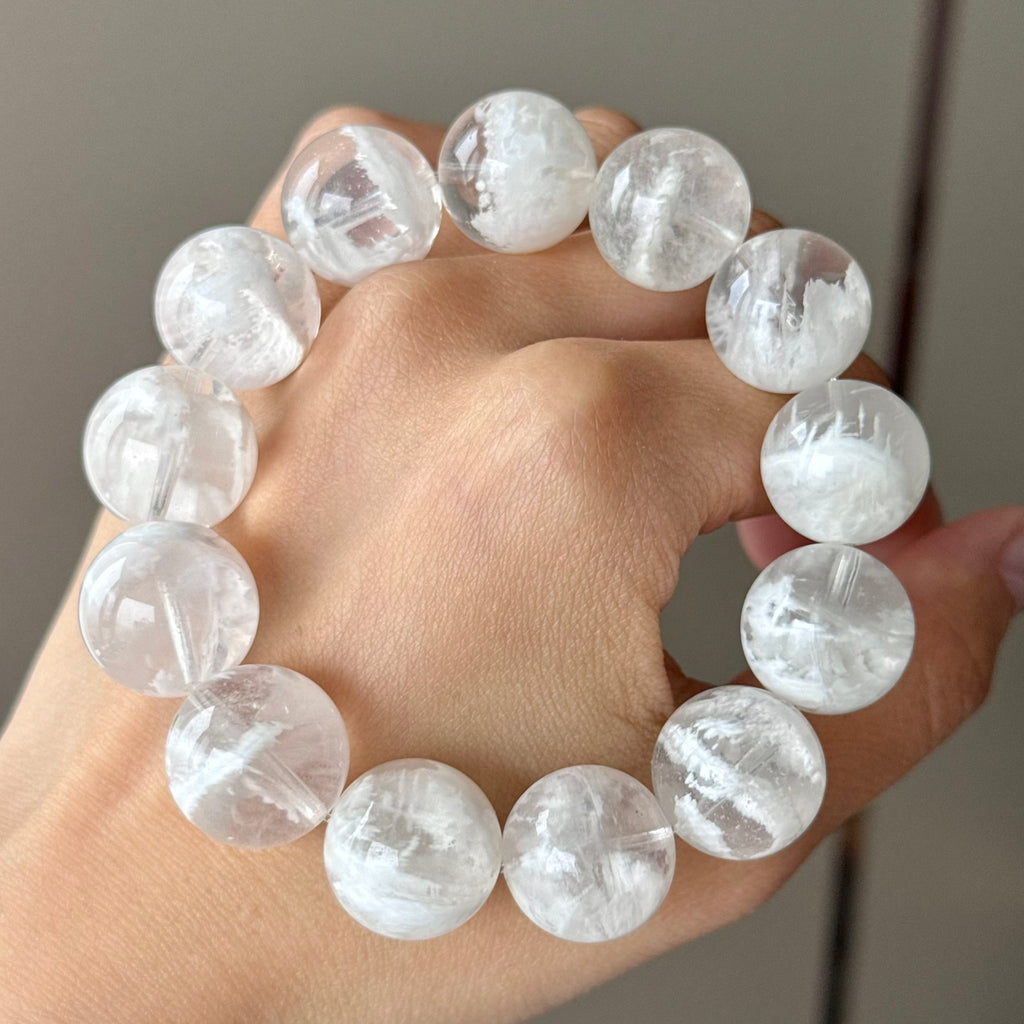 White Snowflake Phantom Quartz & Natural Jade Crystal Bracelet — quiet warmth, One of a Kind