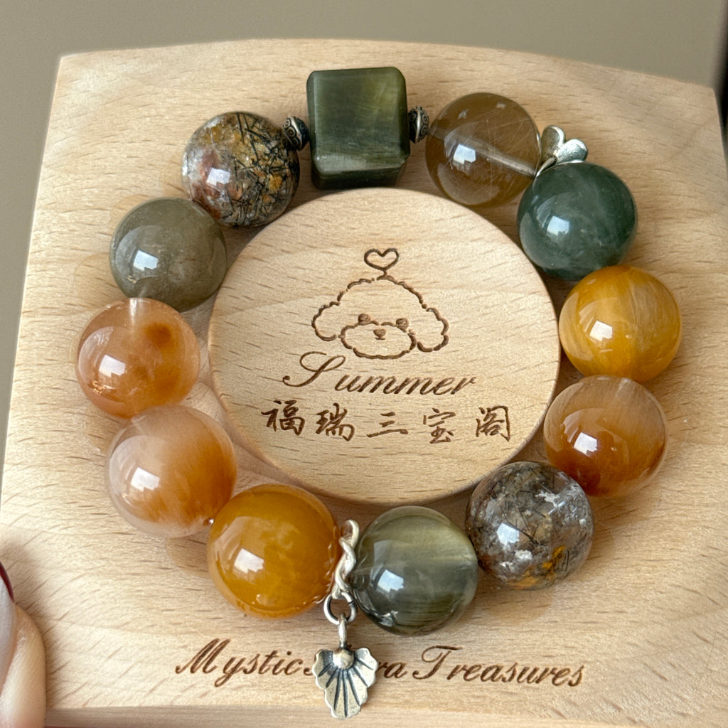 Rabbit Hair Quartz & Phantom Quartz Crystal Bracelet — quiet warmth, One of a Kind