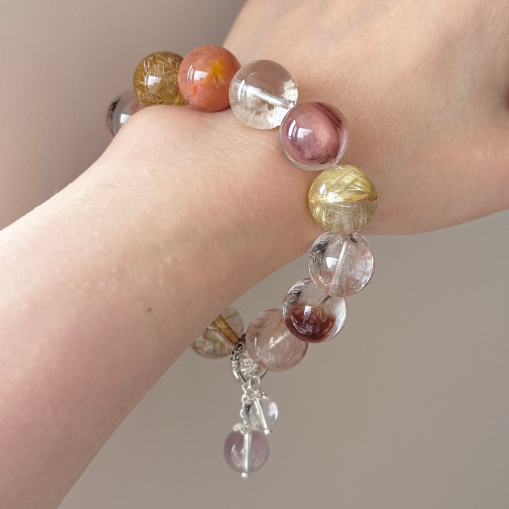 Rabbit Hair Quartz & Golden Rutilated Quartz Crystal Bracelet — soft radiance, One of a Kind