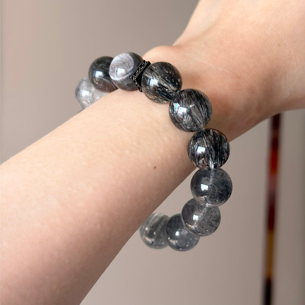 Rabbit Hair Quartz & Black Rutilated Quartz Crystal Bracelet — natural character, One of a Kind