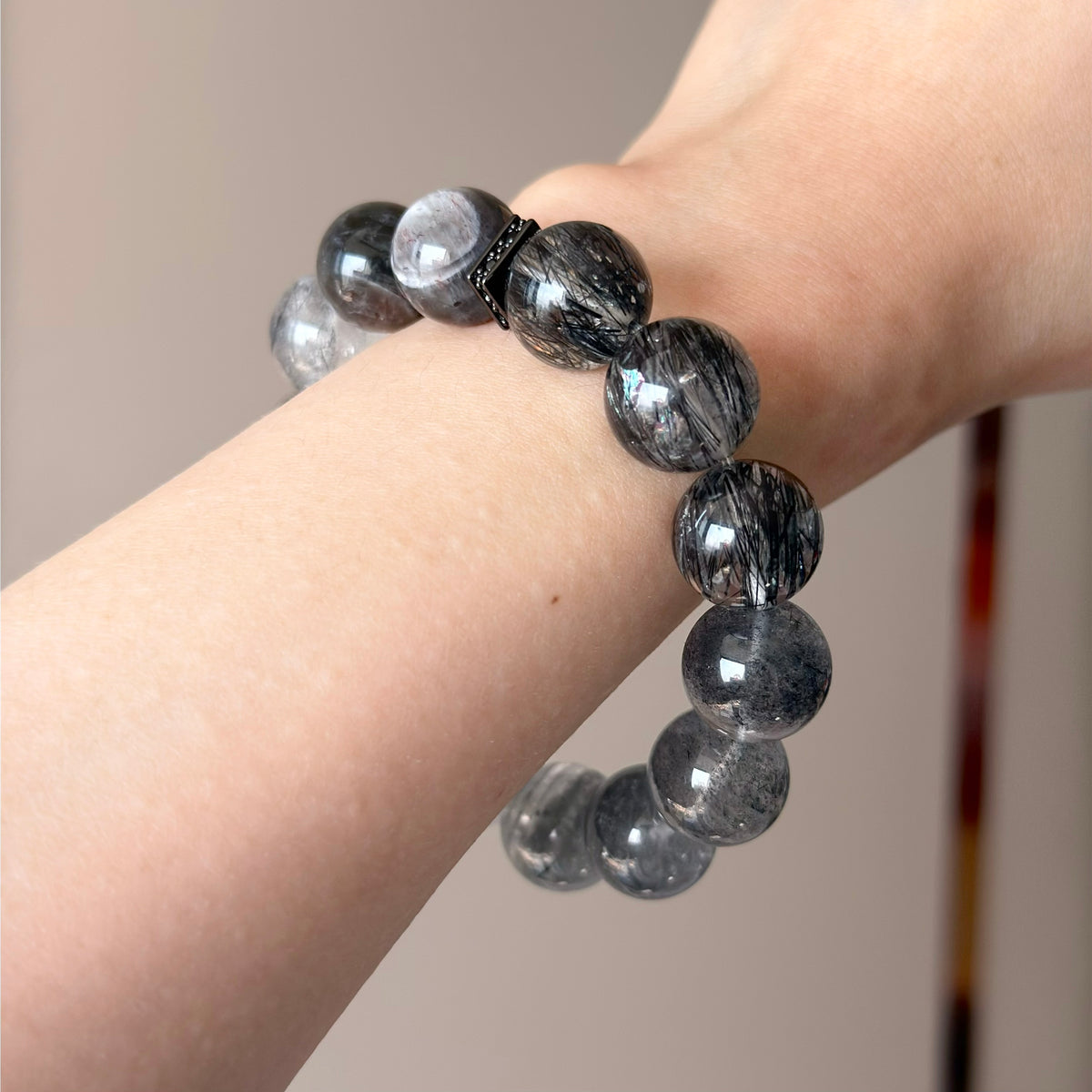 Rabbit Hair Quartz & Black Rutilated Quartz Crystal Bracelet — natural character, One of a Kind
