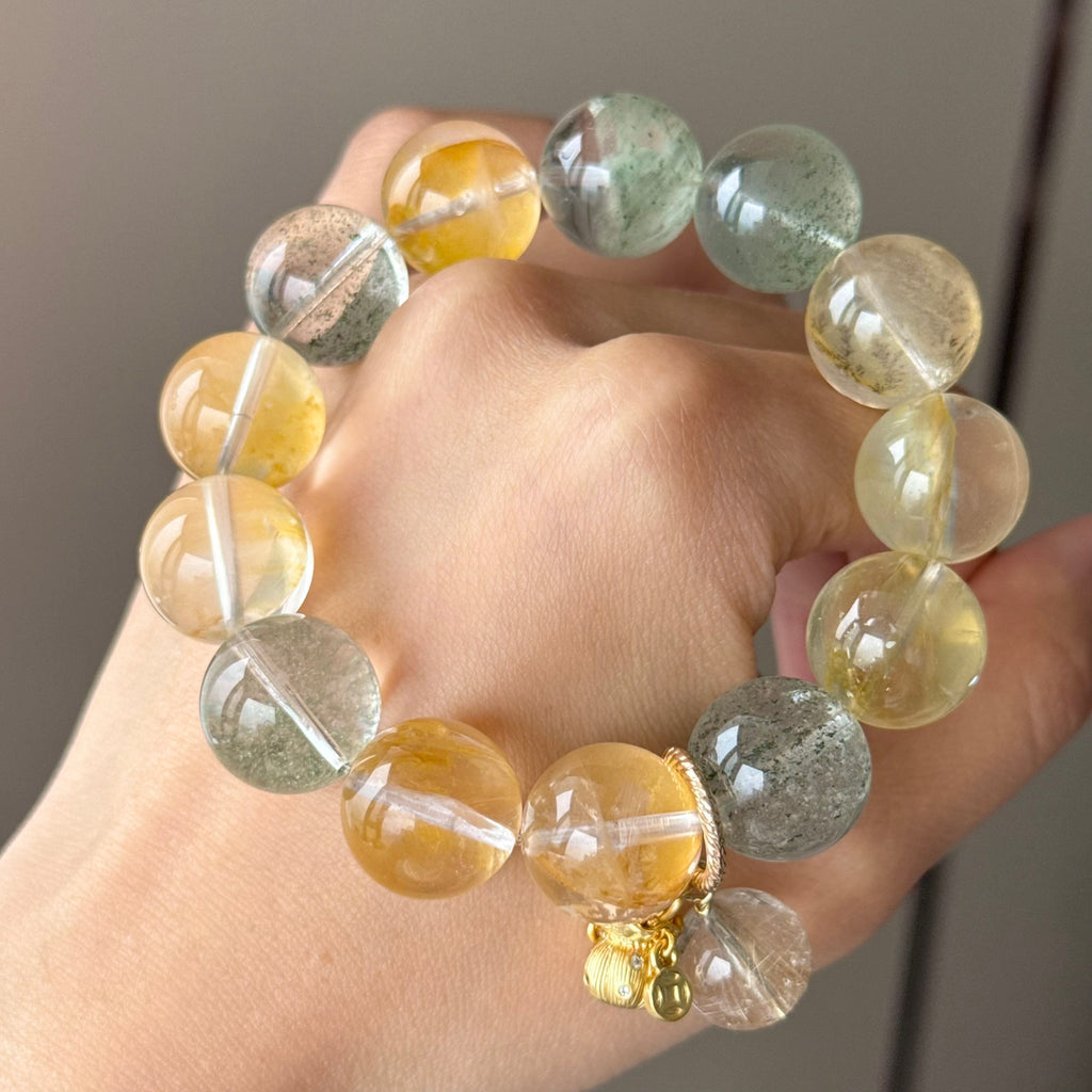 Tree Flower Agate, Yellow Flower Agate & Phantom Quartz Crystal Bracelet — quiet warmth, One of a Kind